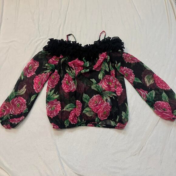 vintage forever 21 sheer Pink floral off the shoulder blouse black ruffle trim - Picture 3 of 7